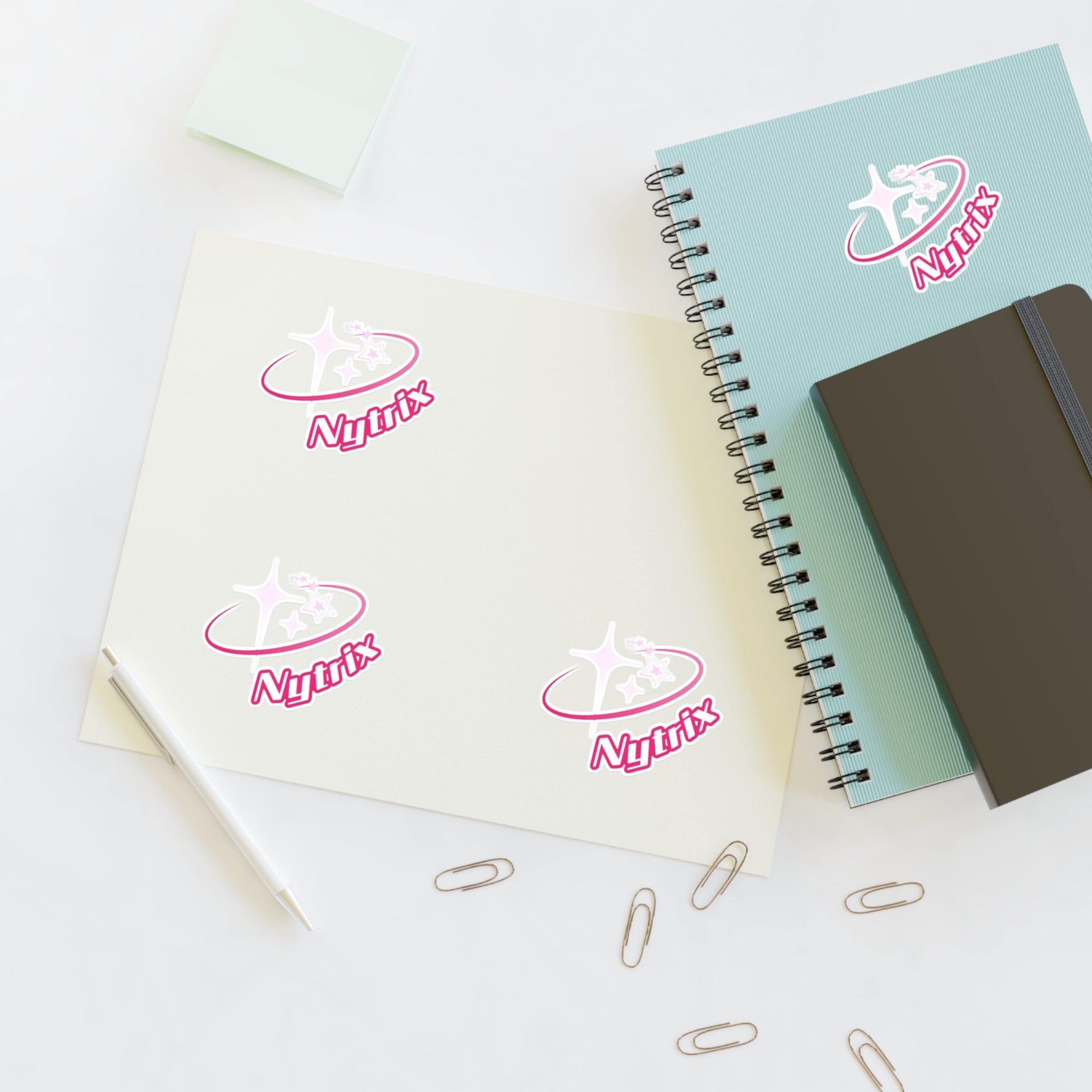 Pink 'Nytrx' Logo Sticker Sheet — Cute Retro Space Emblem Pack